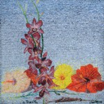 piero-guccione-orchidea-e-ibisco-sul-cielo-azzurro_2008-mosaico2009_cm100x100